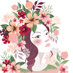 Vector illustration of a girl with floral headdress in spring for Wedding, anniversary, birthday party. Design for banner, poster, card, invitation and scrapbook	
