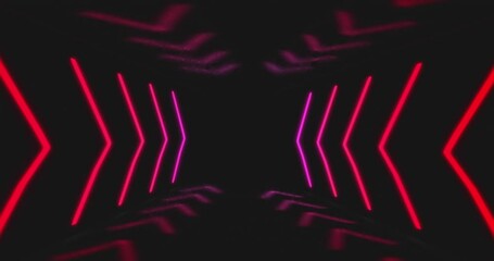 Canvas Print - Animation of red and pink neon light lines moving in hypnotic motion on black background