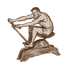 Poster - Athlete Exercising Vintage Rowing Machine Etching