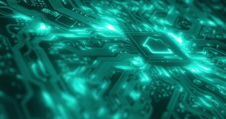 Aufkleber - Computer hardware, tech and futuristic technology of a pc with lights, coding and programming. Neon light of online digital inner system of future software, internet IT ai and laptop cyber database