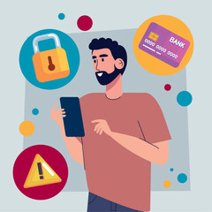 Sticker - man using smartphone with cyber security