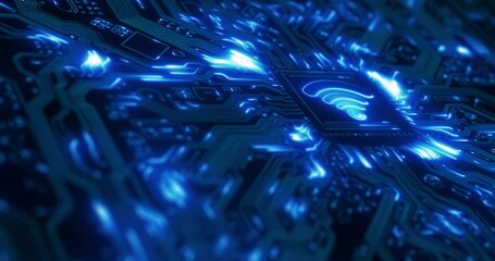 Poster - Futuristic wifi, big data or information technology with a blue dark cyberpunk, security or scifi background. Network internet transfer for future IT cloud computing, ai or digital coding system tech