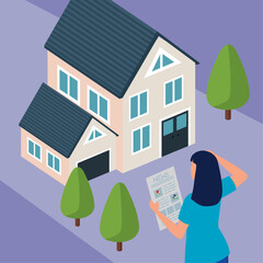 Sticker - woman and isometric house