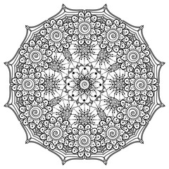 Circular pattern in form of mandala for Henna, Mehndi, tattoo, decoration. Decorative ornament in ethnic oriental style. Coloring book page.