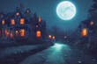 © Fokasu Art - 3D illustration of a Halloween concept background of realistic horror house and creepy street with moonlight.