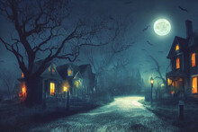 3D Illustration Of A Halloween Concept Background Of Realistic Horror House And Creepy Street With Moonlight.