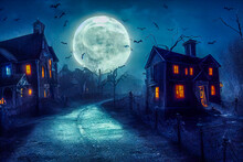 3D Illustration Of A Halloween Concept Background Of Realistic Horror House And Creepy Street With Moonlight.