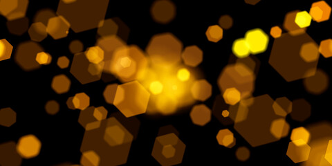 Lights bokeh abstract background. Blur gold glitter on black overlay surface. Party, xmas, holiday, festive concept background. 