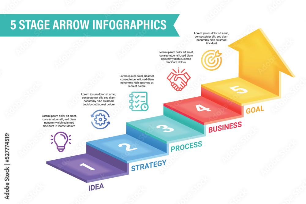 3D arrow infographic vector illustration. 5 steps business process ...