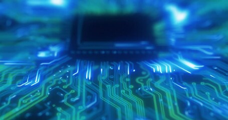 Leinwandbilder - Futuristic, cyber security and digital programming circuit board for software data, networking or big data code. Abstract zoom or visual texture of 3D light design pattern on cybersecurity background