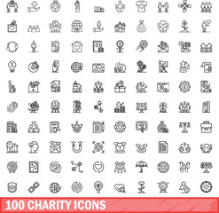 Poster - 100 charity icons set. Outline illustration of 100 charity icons vector set isolated on white background