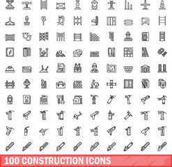 Poster - 100 construction icons set. Outline illustration of 100 construction icons vector set isolated on white background