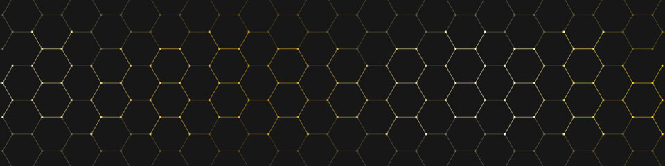 The graphic design element with abstract geometric background of golden hexagons shape for a banner template or header design