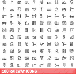 Poster - 100 railway icons set. Outline illustration of 100 railway icons vector set isolated on white background