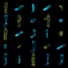 Poster - Artificial limbs icons set. Isometric set of artificial limbs vector icons neon color on black