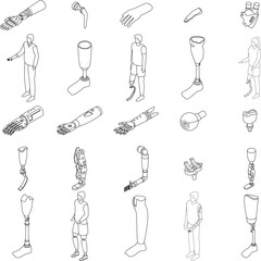Poster - Artificial limbs icons set. Isometric set of artificial limbs vector icons outline thin lne isolated on white