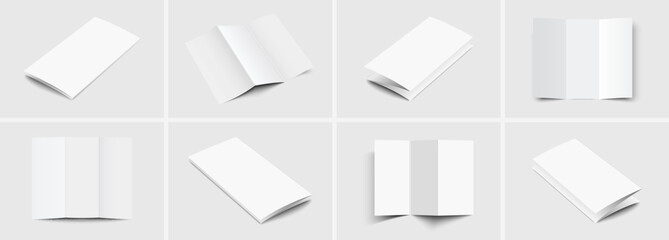 Wall Mural - Realistic set mockup booklet / brochure: 8 pc mockup. Blank close cover booklet / brochure and blank open booklet / brochure with realistic shadows isolated on light background. Vector illustration