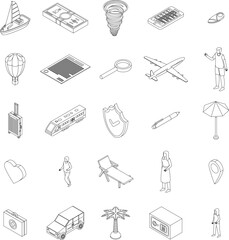 Poster - Family travel insurance icons set. Isometric set of family travel insurance vector icons outline thin lne isolated on white