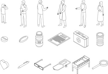 Wall Mural - Family health clinic icons set. Isometric set of family health clinic vector icons outline thin lne isolated on white