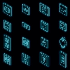 Poster - Power socket icons set. Isometric set of power socket vector icons neon color on black