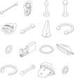 Piercing icons set. Isometric set of piercing vector icons outline thin lne isolated on white