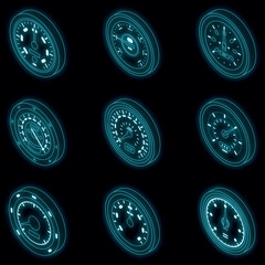 Poster - Speedometer icons set. Isometric set of speedometer vector icons neon color on black