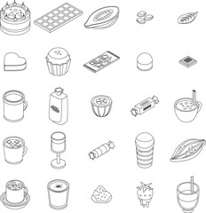 Poster - Cocoa icons set. Isometric set of cocoa vector icons outline thin lne isolated on white