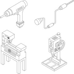 Poster - Drilling machine icons set. Isometric set of drilling machine vector icons outline thin lne isolated on white