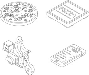 Wall Mural - Pizza delivery icons set. Isometric set of pizza delivery vector icons outline thin lne isolated on white