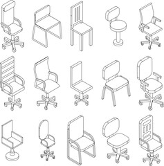 Poster - Desk chair icons set. Isometric set of desk chair vector icons outline thin lne isolated on white