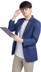 confident asian man working on tablet