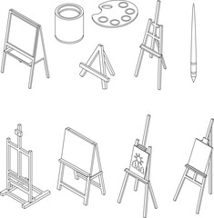 Poster - Easel icons set. Isometric set of easel vector icons outline thin lne isolated on white