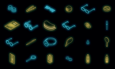 Poster - optician icons set. isometric set of optician vector icons neon color on black