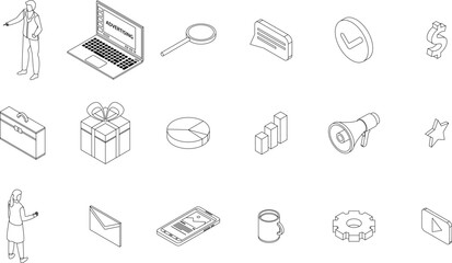 Sticker - Advertising manager icons set. Isometric set of advertising manager vector icons outline thin lne isolated on white