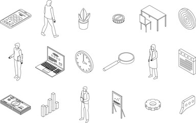 Poster - Account manager icons set. Isometric set of account manager vector icons outline thin lne isolated on white