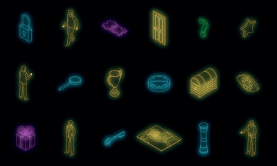 Poster - Quest icons set. Isometric set of quest vector icons neon color on black