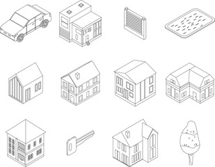 Poster - Cottage icons set. Isometric set of cottage vector icons outline thin lne isolated on white