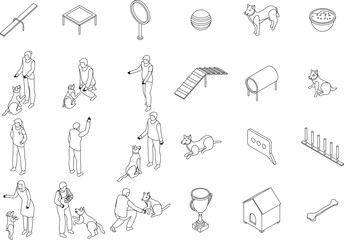 Wall Mural - Dog training icons set. Isometric set of dog training vector icons outline thin lne isolated on white