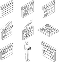 Poster - Clapper icons set. Isometric set of clapper vector icons outline thin lne isolated on white
