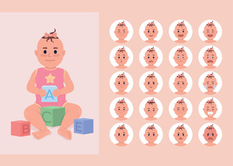 Poster - Emotional conditions of baby girl semi flat color character emotions set. Editable facial expressions. Vector style illustration for motion graphic design and animation. Quicksand font used