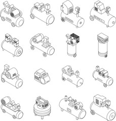 Poster - Air compressor icons set. Isometric set of air compressor vector icons outline thin lne isolated on white