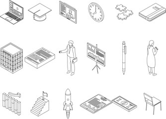Wall Mural - Business training icons set. Isometric set of business training vector icons outline thin lne isolated on white