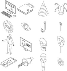 Poster - Hoax icons set. Isometric set of hoax vector icons outline thin lne isolated on white