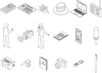 Poster - Reporter icons set. Isometric set of reporter vector icons outline thin lne isolated on white