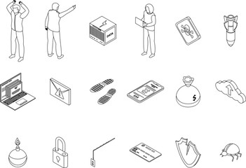 Poster - Fraud icons set. Isometric set of fraud vector icons outline thin lne isolated on white