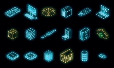 Poster - Storage icons set. Isometric set of storage vector icons neon color on black