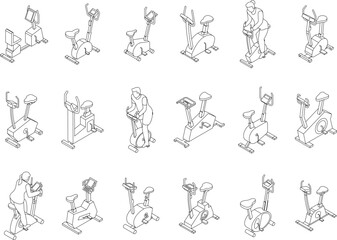 Poster - exercise bike icons set. isometric set of exercise bike vector icons outline thin lne isolated on wh