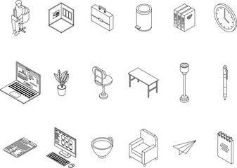 Poster - home office icons set. isometric set of home office vector icons outline thin lne isolated on white