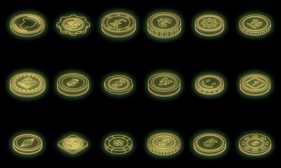 Poster - Tokens icons set. Isometric set of tokens vector icons neon color on black