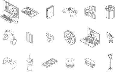 Poster - Stream icons set. Isometric set of stream vector icons outline thin lne isolated on white